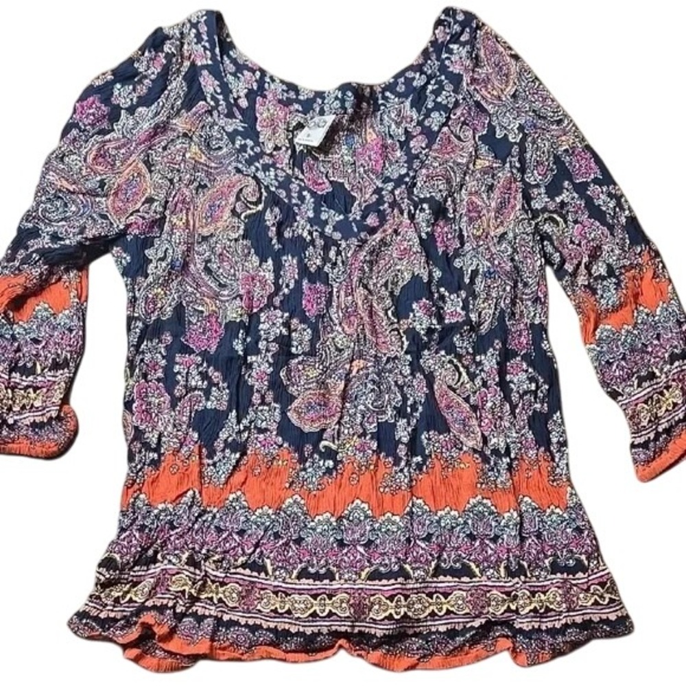 Bila Paisley Floral Boho Long Sleeve Top, Blue Orange, Small, NWOT